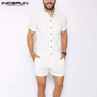 short sleeve stand collar rompers incerun men fashion striped jumpsuits buttons shorts bib pants mens suspenders streetwear 5xl7