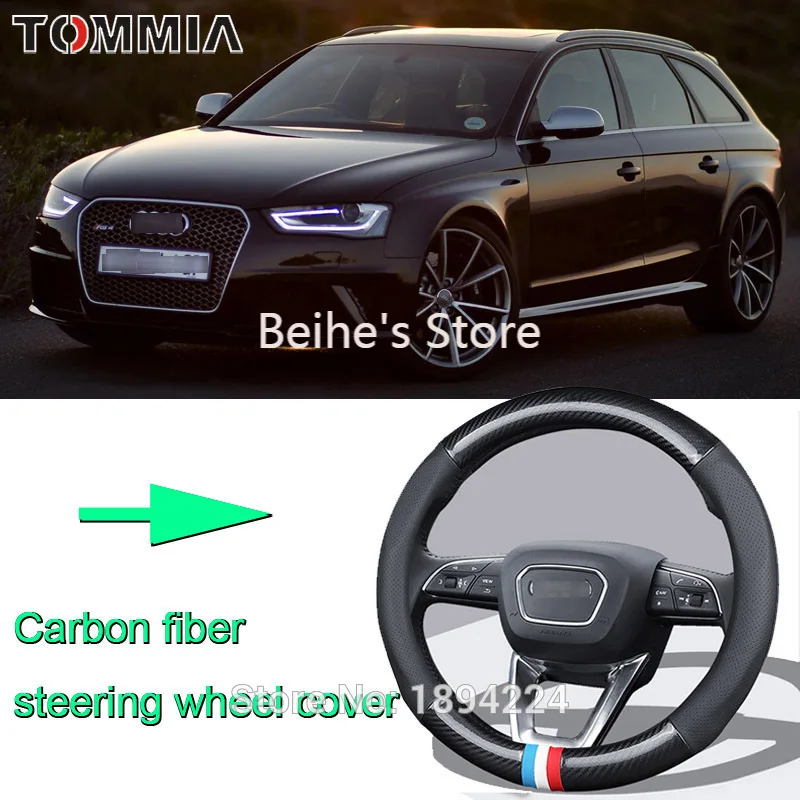 

38CM Size M Rubber Carbon Fiber Leather Car Steering Wheel Cover Non-slip breathable For Audi RS4