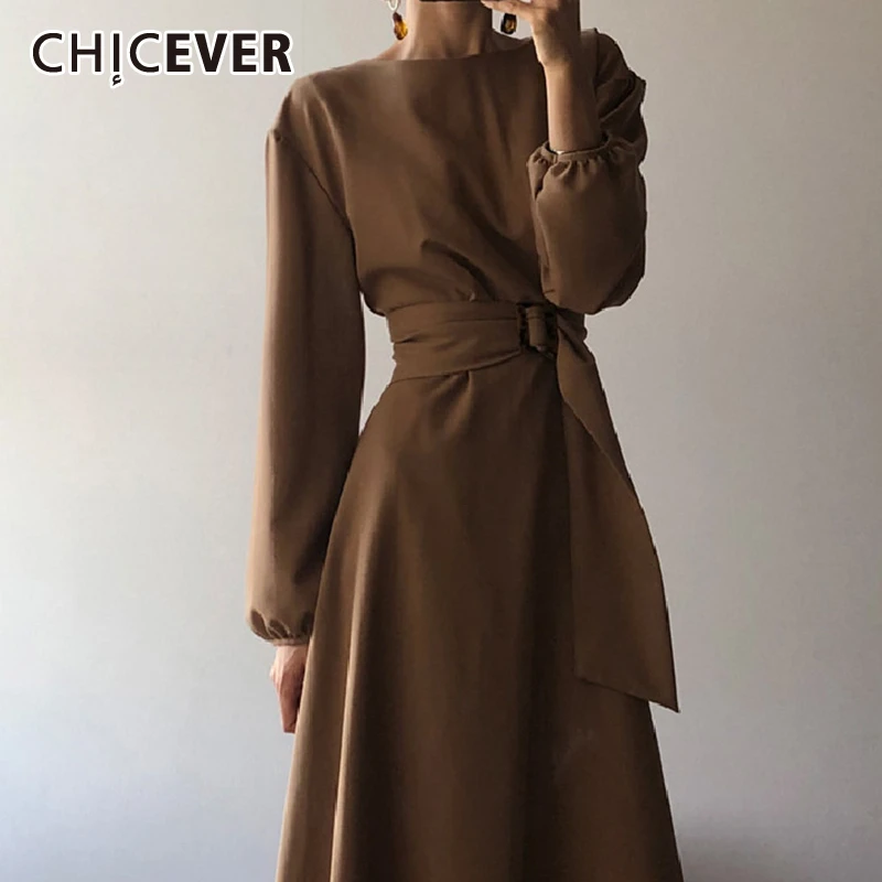 CHICEVER Бандажное платье с бантом для женщин круглым вырезом рукавами фонариками