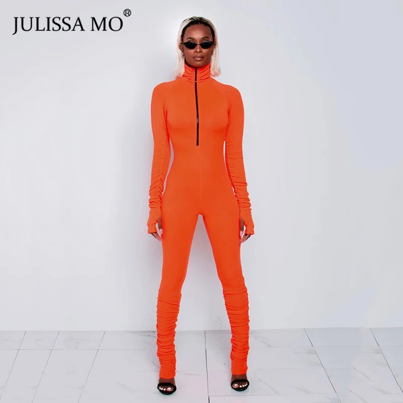 

JULISSA MO Black Ribbed Sexy Bodycon Jumpsuit Women Turtleneck Zipper Skinny Rompers Overalls Casual Sport Wear Fitness 2020