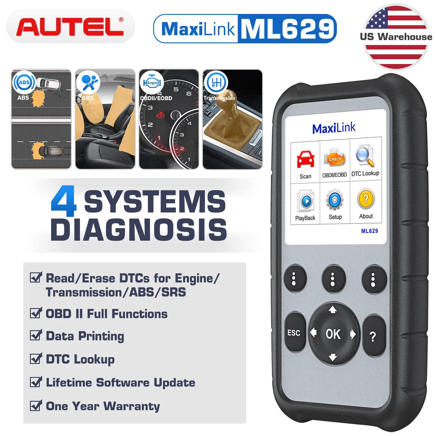 Autel ML629 OBD2 автомобильный сканер диагностический инструмент ABS SRS obdii obd ii Eobd |