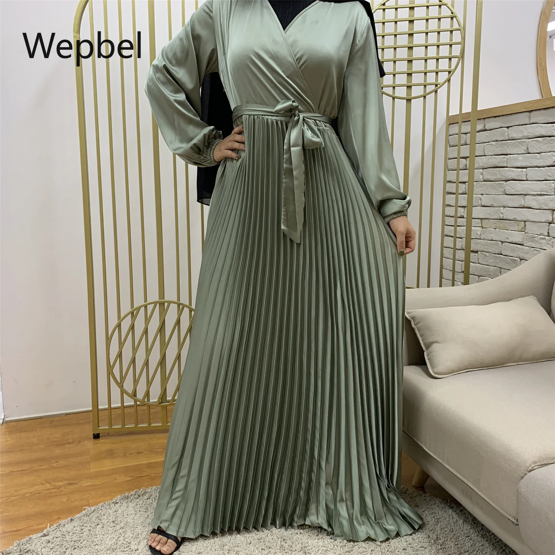 

Wepbel шить абайя Исламская одежда мода мусульманское платье, женское платье с v-образным воротом, со складками, пышные платья-Макси платье с бо...