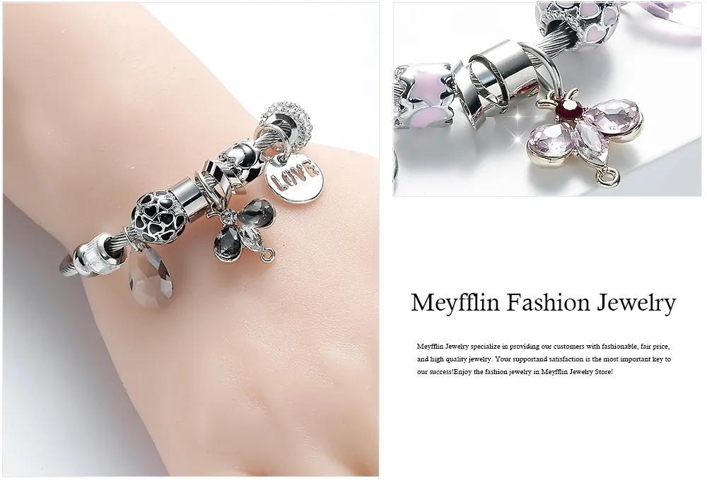 Meyfflin модный бисерный Браслет Bijoux винтажные любовные Браслеты со стразами на запястье браслеты с бабочкой серебряные ювелирные изделия