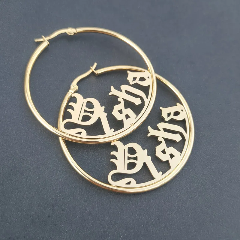 

Personalized Custom Name Hoop Earrings Fashion Jewelry Boho Stainless Steel Gold Old English Round Circle Earrings For Women