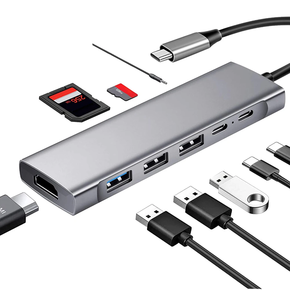 

9 in 1 USB C Type-C Adapter Hub with HDMI-Compatible 4K PD TF Port Expansion Adapter 5Gbps Computer Accessories