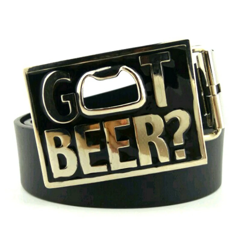 Black PU Leather Casual Hip Waist Belts for Men Boys with GOT BEER Bottle Opener Metal Buckle Western Cowboy Fashion Accessories