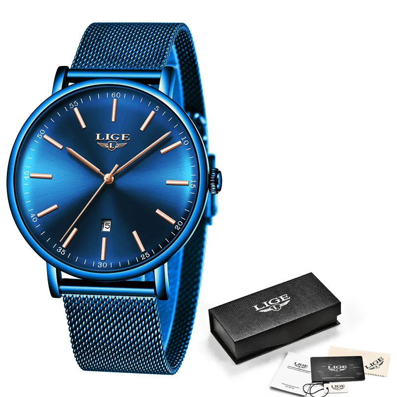Full blue LIGE розовое золото женские деловые кварцевые часы женские топ брендовые Роскошные женские наручные часы девушка часы Relogio Feminin+ коробка - Цвет: Full blue