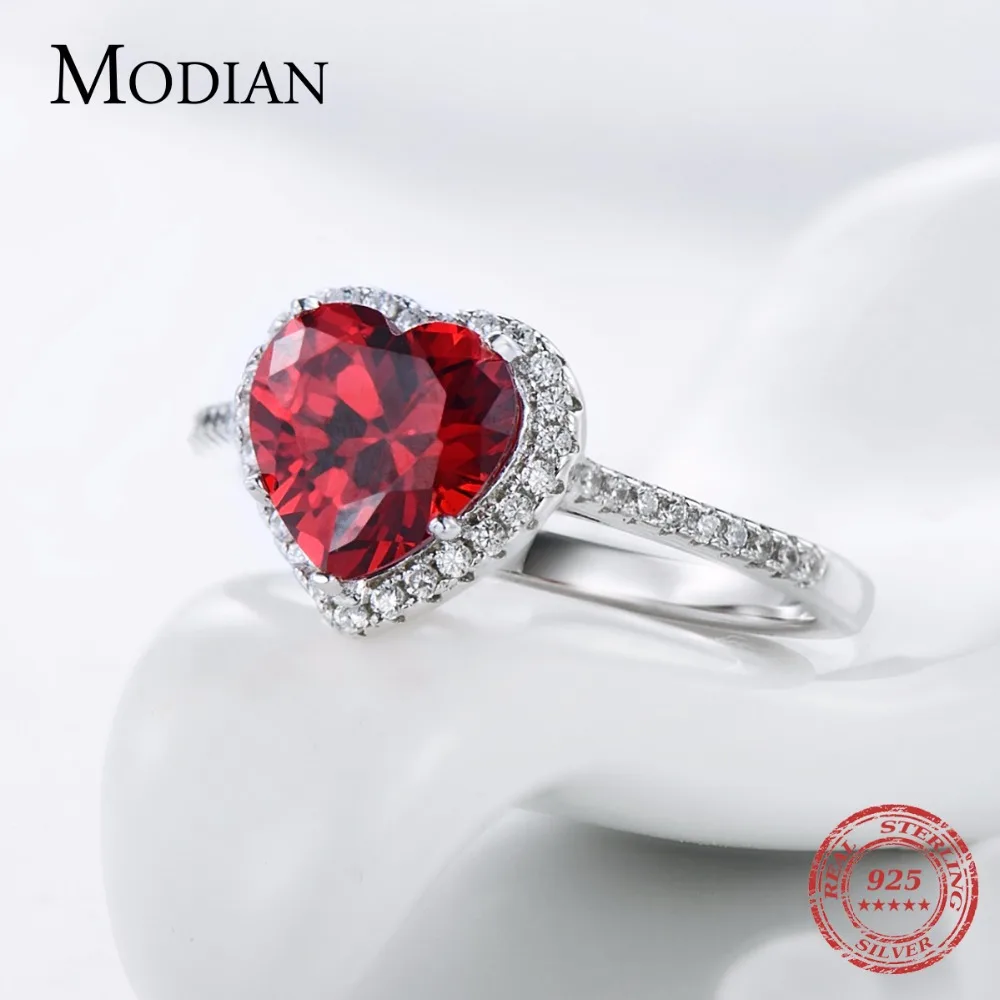 Modian 100% реальные 925 Стерлинговое серебро кольцо с сердцем красного цвета 5A CZ