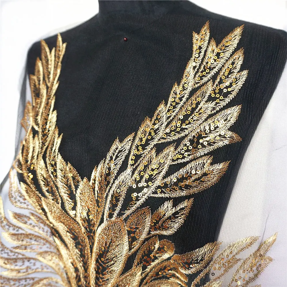 Золотое перо блесток кружевной ткани сетка Вышивка бальное платье Аппликации