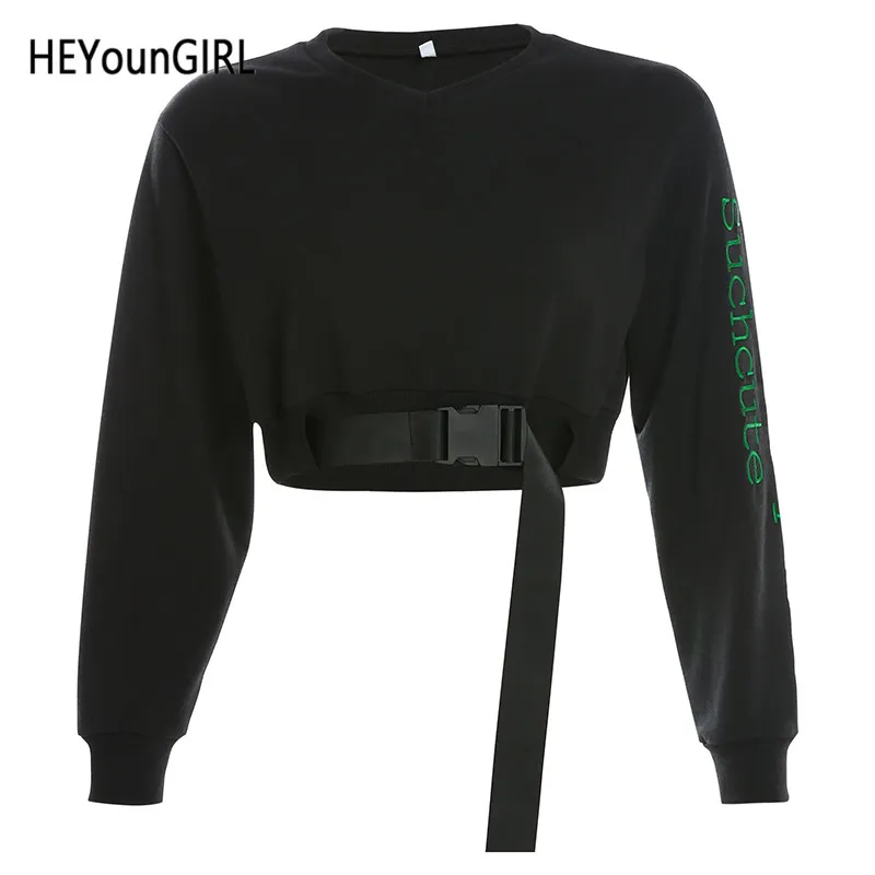 Черный HEYounGIRL вышивка Harajuku черный свитер с пряжкой на шнуровке пуловер с длинными рукавами; готическая обувь в стиле «панк»; Повседневное женские толстовки с капюшоном; сезон осень - Цвет: Черный