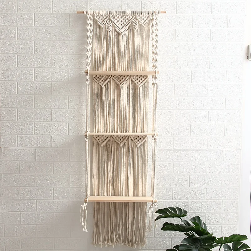 

Boho Macrame Wall Hanging Shelf 3 Tier Handmade Woven Tassel Wood Organizer Shelves Wall Floating Hanger for Home Decor