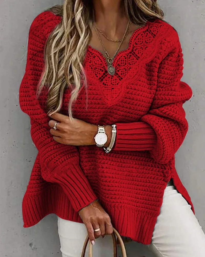 

Свободный пуловер, свитер, женский белый свитер с контрастным кружевом и разрезом на подоле, модный однотонный флисовый свитер без рукавов