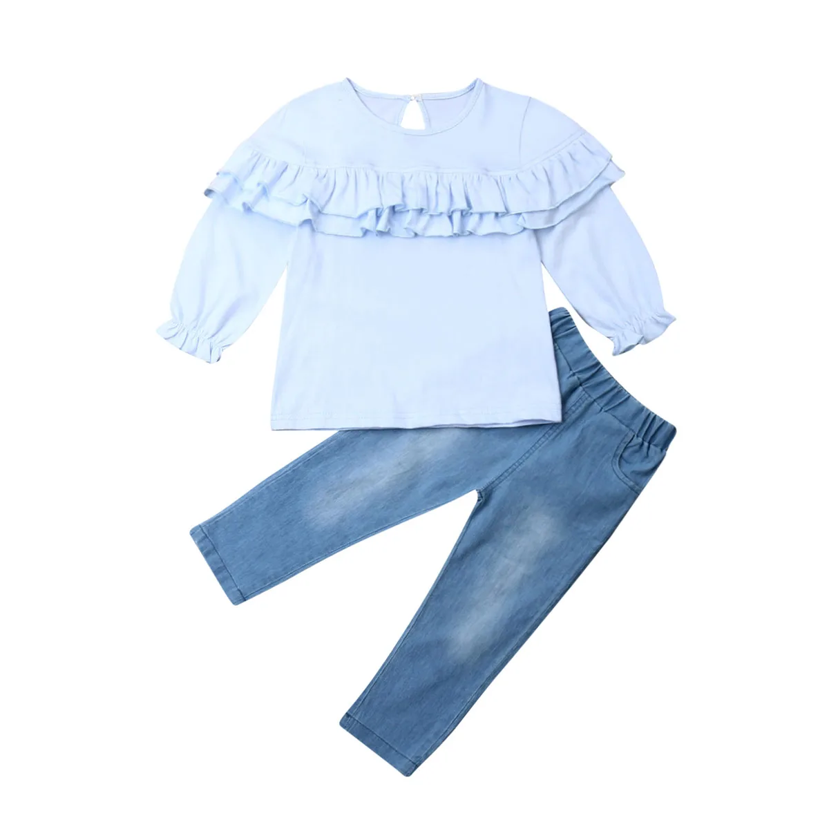 

2Pcs/Set Toddler Kids Baby Girls Winter Clothes Ruffle Tops Denim Pants Outfits