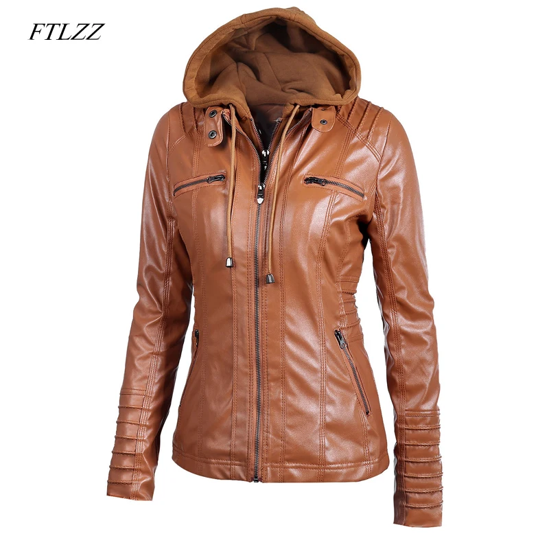 

FTLZZ New Women Faux Leather Jacket Pu Motorcycle Hooded Hat Detachable Casual Leather Plus Size 5xl Punk Outerwear