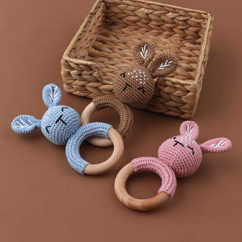 

1Pc Baby Wooden Teether Crochet Bunny Rattle Toy BPA Free Wood Rodent Rattle Baby Mobile Gym Educational Toys DXAD