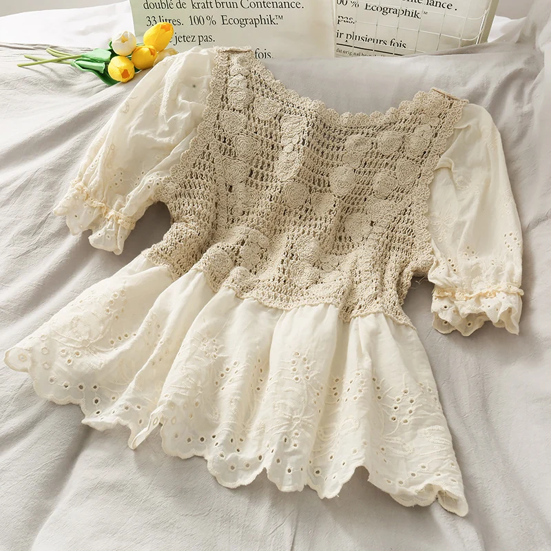 Летняя Новинка прозрачный короткий топ с вязаным крючком и цветами женская