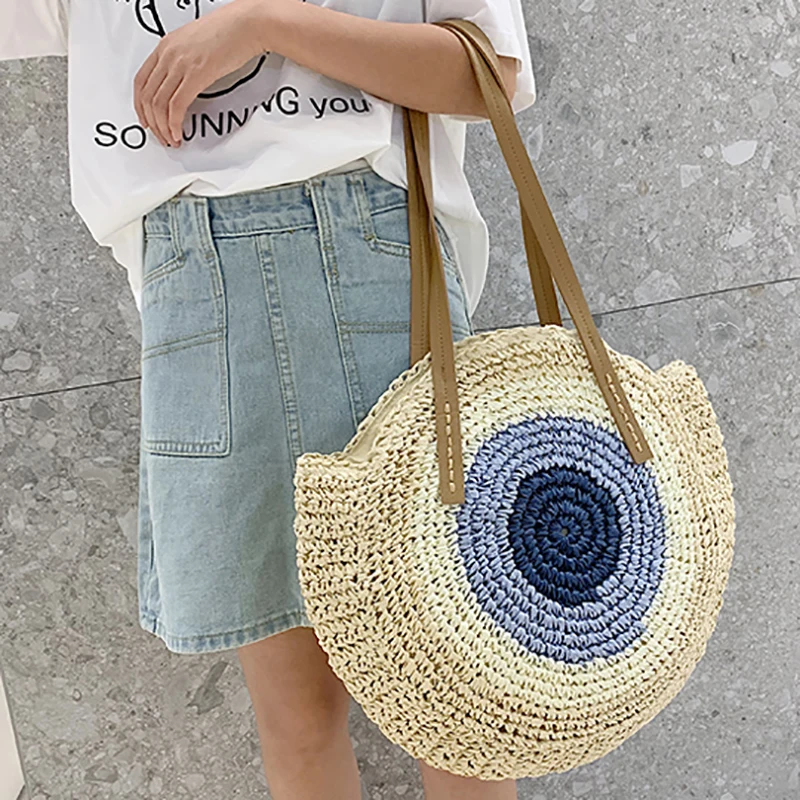 

Vintage Straw Bag Round Rattan Bags Handmade Summer Bags Woven Beach Ladies Circle Shoulder Bag Bohemia Girls Travel Handbags