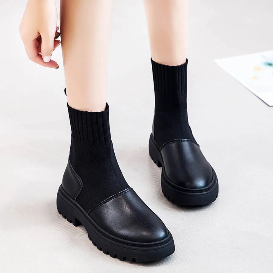 Autumn and winter new Martin boots leather women's stretch thin wild socks z0063 | Обувь