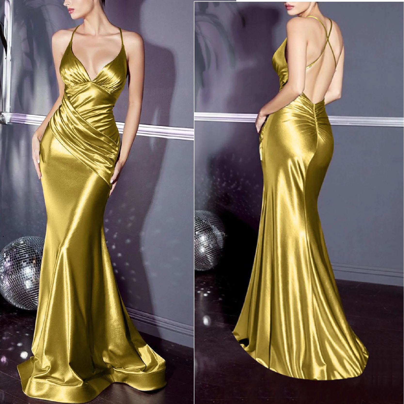 

Prom Party Evening Dress Sexy Suspenders V-Neck Backless Folds Liso De Seda Vintage Vibes Gown Cocktail Vestido Estilo Sirena