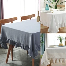 Rustic Vintage Flounces Ruffle Trim Tablecloth Washable Cotton Linen Rectangular Table Cover for Kitchen Farmhouse
