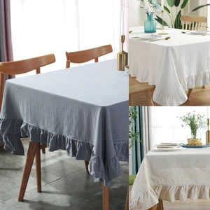 rustic vintage flounces ruffle trim tablecloth washable cotton linen rectangular table cover for kitchen farmhouse free global shipping
