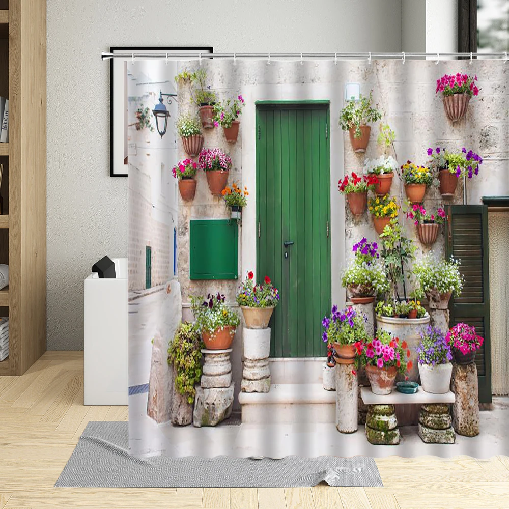 greek city street scenery shower curtain flower window blue wooden door floral plant landscape bathroom curtains set polyester free global shipping