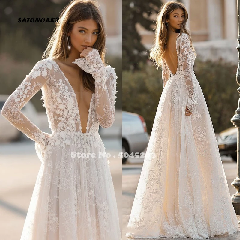 

Sexy Charming Wedding Dresses Lace V-Neck Full Sleeve Backless A-Line Bridal Gowns Robe De Mariée Vestidos Sukienki Online Shop