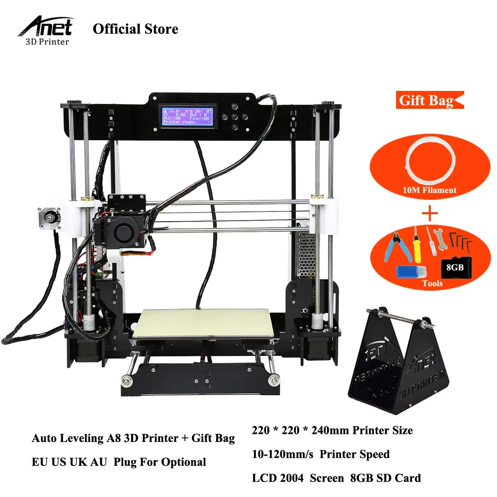 3д принтер Легко собрать Анет A6 Анет A8 3D-принтеры Наборы RepRap i3 комплект DIY Наборы 3D печатная машина с SD Card+ нити+ Инструменты 3d принтер - Цвет: auto a8 10M PLA