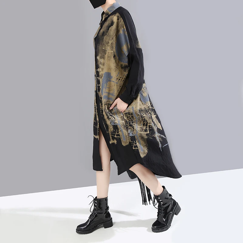 Женский в Корейском стиле повседневное винтажное черное платье-рубашка с