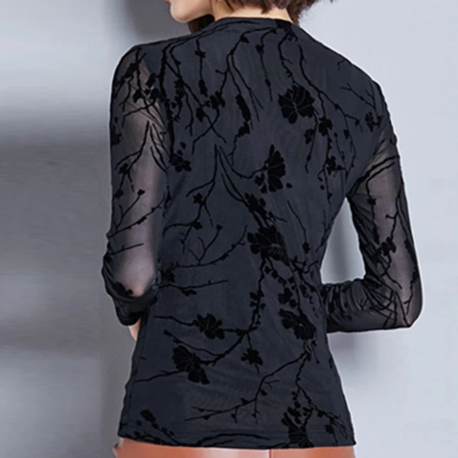 blusas mujer de moda autumn print long sleeve camisa V-neck purple mesh shirt blouse women tops plus size casual blusas