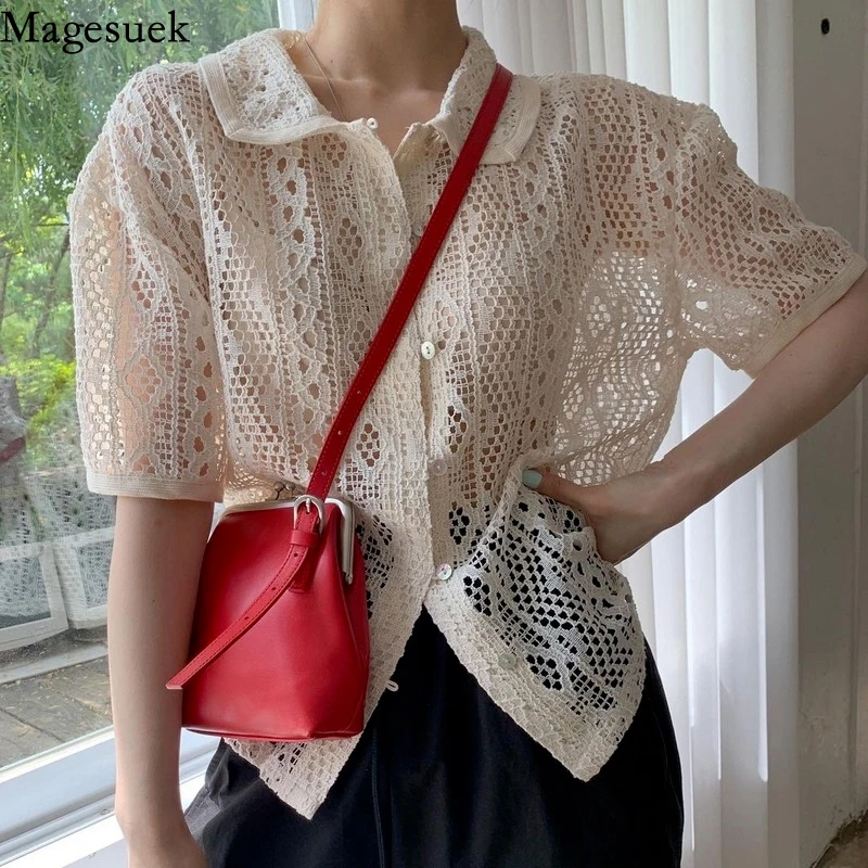 

Lace Bottomed Shirt 2021 Hollow Out Polo-neck Shirt Chic Korean Summer Women Solid Sweet Office Lady Casual Blouse Blusa 14842