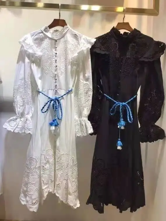 

Hollow Out Embroidery Dress 2021 Spring Summer Clothing Women Ruffle Floral Deco String Belted Flare Sleeve White Black Dress