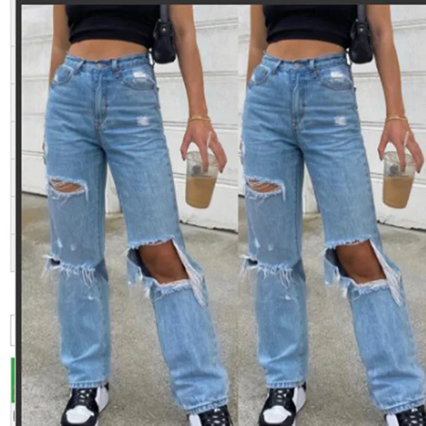 

Womens Korean Slim Fit Jeans Fashion Solid Color Ripped Hole Tassel Stretch Mid-waist Denim Pencil Pants