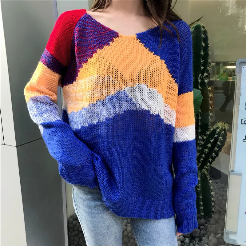 

New 2020 Spring Autumn Korean Women Sweater Casual O Neck Patchwork Knitted Pullover Loose Elegant Oversized Sweater