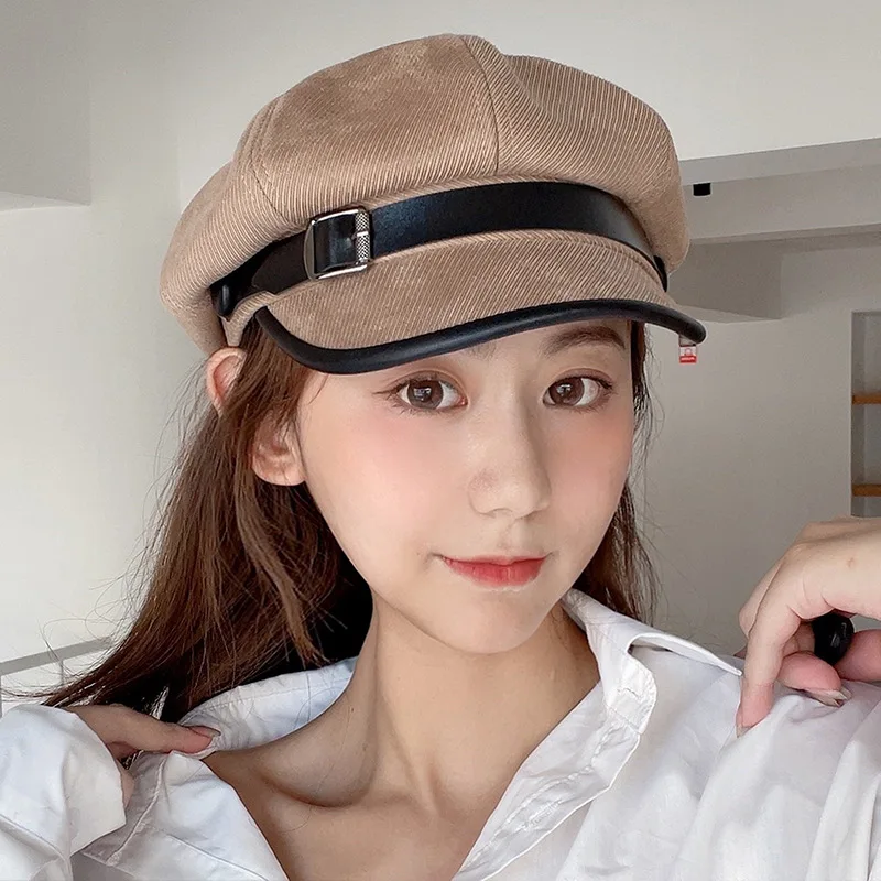 

Sparsil New Female Leather Buckle Octagonal Hat British Literary Newsboy Caps Fashion All-match Vintage Trendy Hats for Women