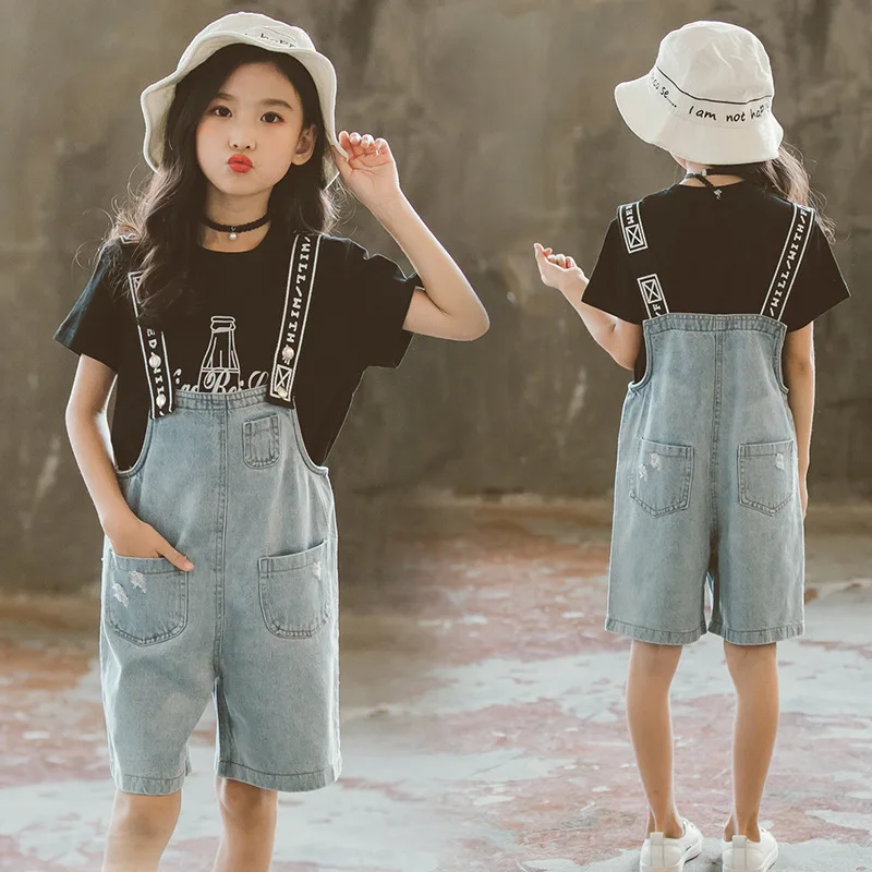

2019 Girls Summer Style Fashion Coke Jeans Belt Pants Children Rompers Youth Short Sleeve Two-piece Sets kids clothds