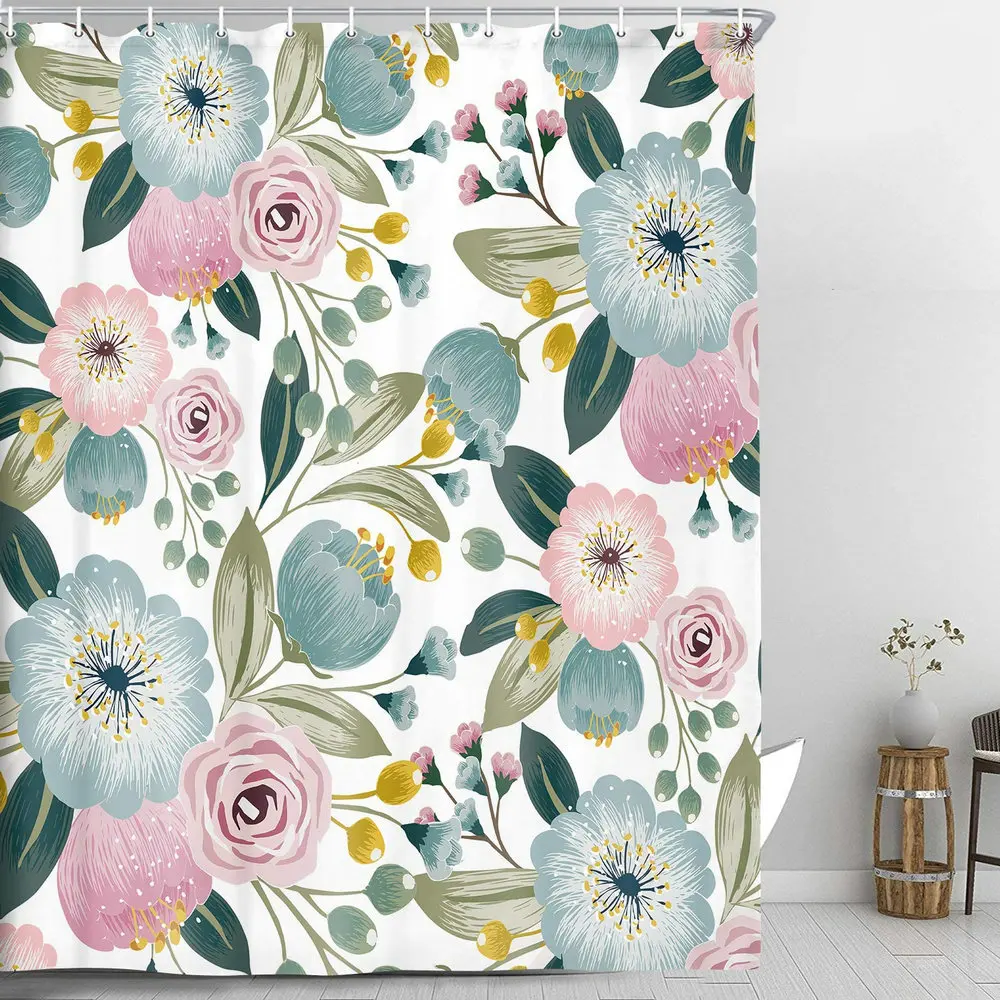 

Floral Shower Curtain Plant Leaf Boho Flowers Garden Rural Modern European Bathroom Decor Waterproof Polyester Screen With Hook