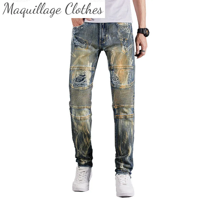 

Брюки мужские рваные джинсовые, винтажные брюки стрейч из денима в стиле пэчворк, вареные, размеры 28-38