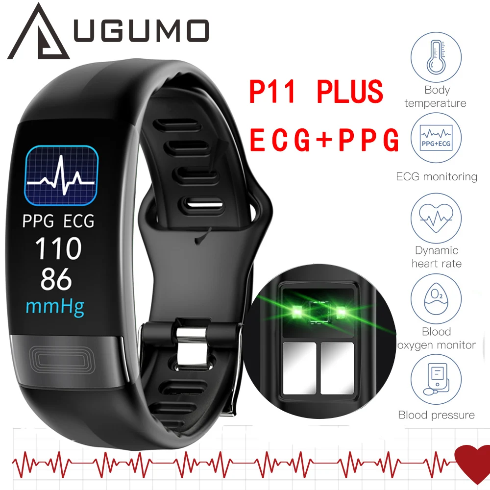 

Смарт-браслет UGUMO P11 Plus с мониторингом температуры тела, смарт-браслет с ЭКГ, ФПГ, Смарт-часы, браслет с пульсометром и тонометром