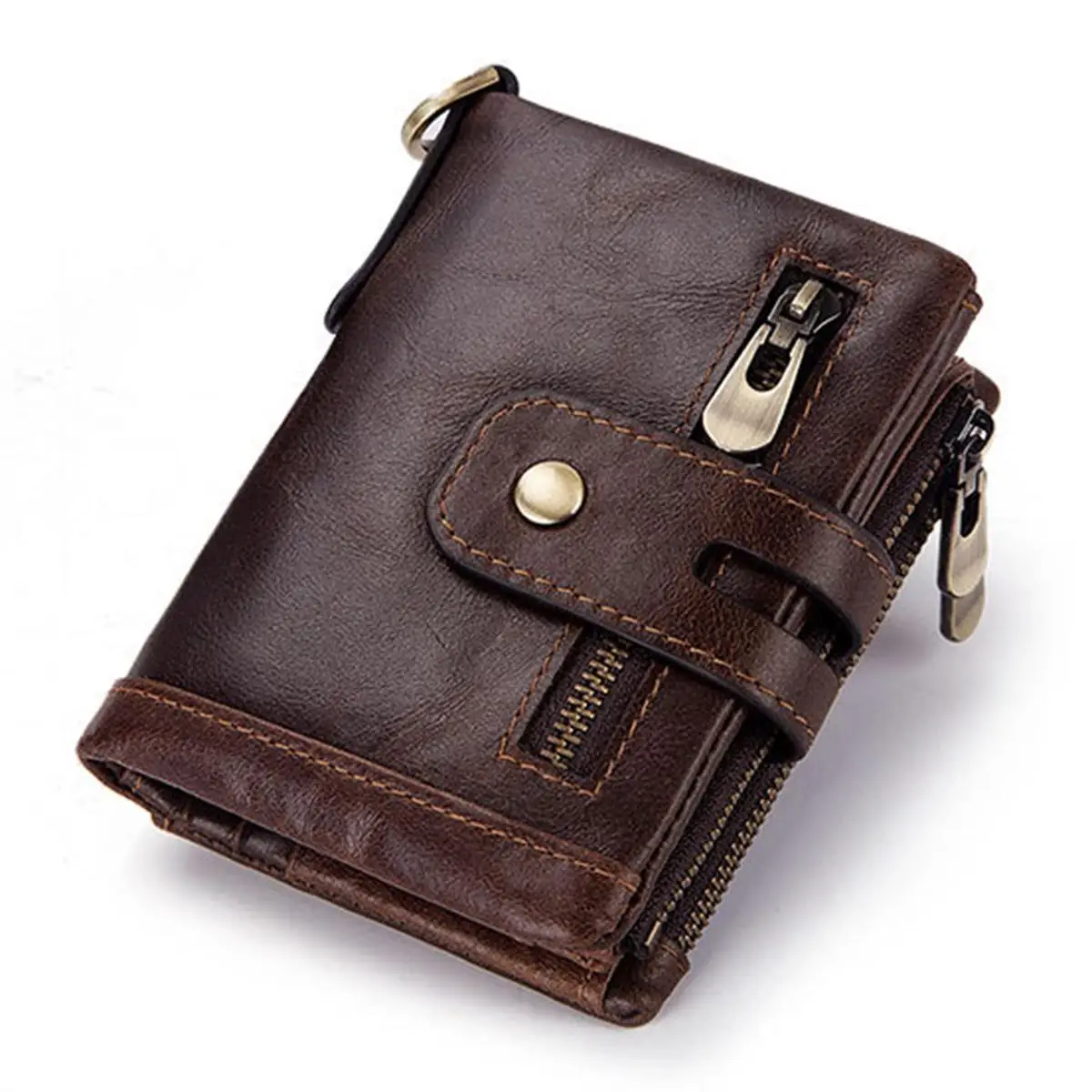 100% Genuine Leather Men's Wallet Short Coin Purse Zipper&Hasp Closure Type High Quality RFID Tri-fold Wallet With Chain
