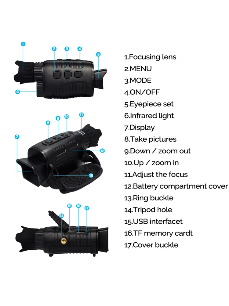 1 5 Дюймовый ЖК-дисплей ночное видение Запись видео Монокуляр водостойкие очки