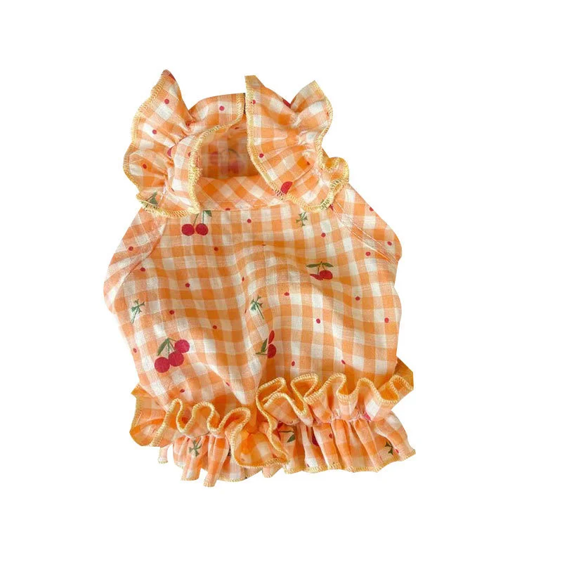 

Spring Summer Cherry Print Plaid Pet Dog Skirt Vest Puppy Cat Pet Clothes Short Skirt Breathable Thin Pet Clothes Wear