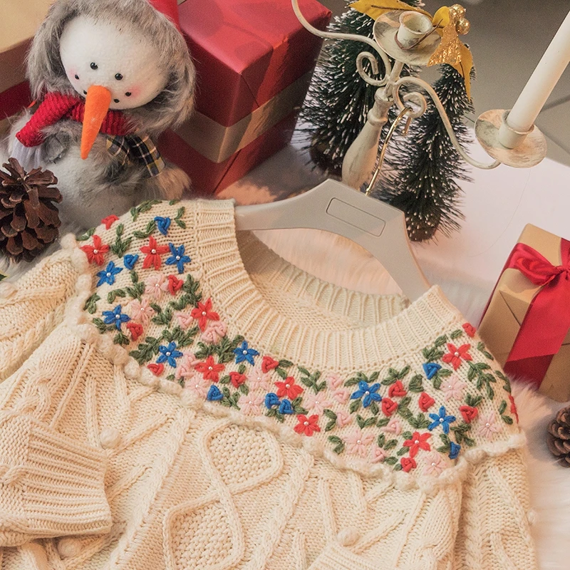 

Gentle Japanese Sweater Women Thicken Mid-length Vintage Jumper Girl Small Fresh Handmade Crochet Flower Twist Knit Student Tops