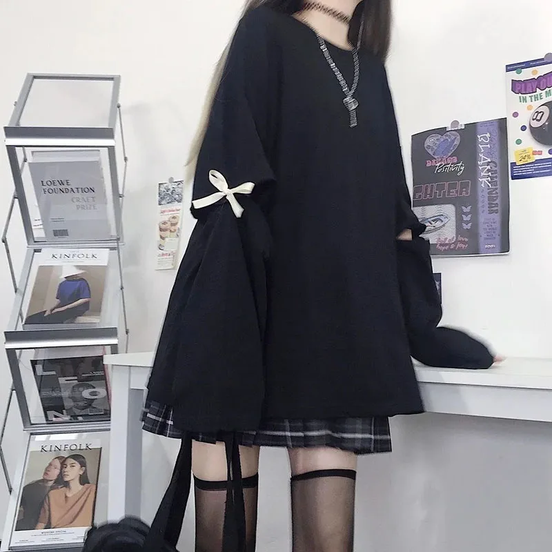 

Свободная Осенняя футболка с длинным рукавом и съемными рукавами для девушек Корейская версия с бантом на природе Женская Студенческая руб...