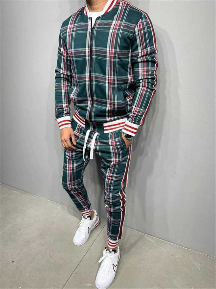 

New Men Set Tracksuit Men Sportsuits Gentlemen Set Zipper jacket suit Long Sleeve stripe Coat+Pants Gyms Casual Sportswear Suit