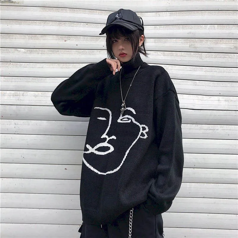 

2021 Spring Autumn Sweaters for Women oversized Long Sleeve Oversize Korean Autumn Clothes Vintage Harajuku Top Turtleneck Print