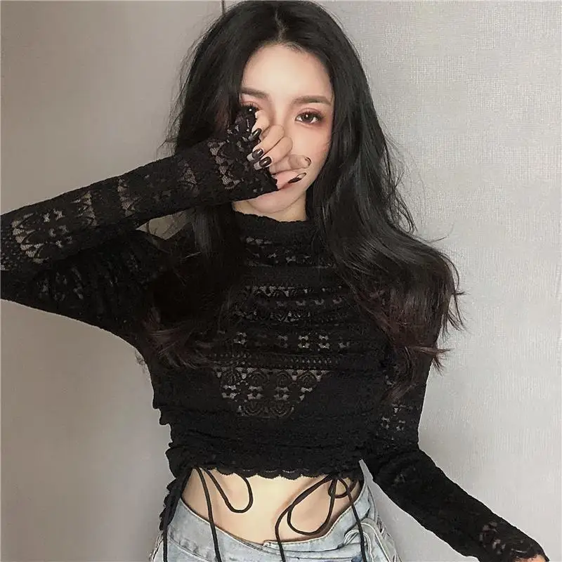 

Sweet Girl Korea Fashion Woman Slim Lace Chiffon Top Gentle Fairy Folds Design Bandage Slim Sexy Harajuku Girl Chiffon Shirt