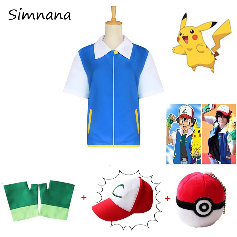 POKEMON Ash Ketchum голубой костюм для косплея куртка+ перчатки+ шляпа+ шары Карманный Монстр пепел Кетчум костюмы аниме косплей реквизит
