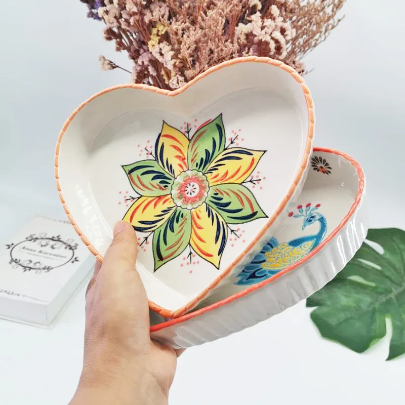

Creative 8-Inch Heart-Shaped Ceramic Plates Hand-Painted Relief Nordic Home Hotel Dessert Bread Pasta Kitchen Ceramic Plates