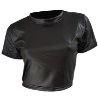 women faux leather t shirt crop tops short sleeve sexy punk midriff tee clubwear women shirt